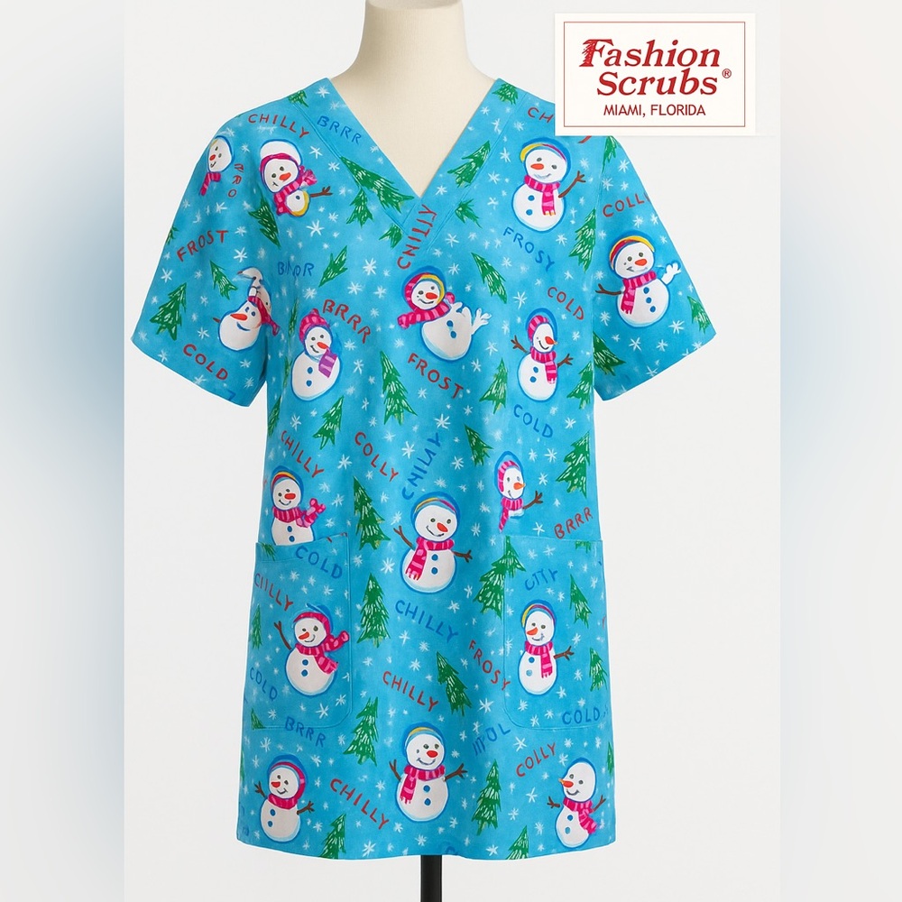 🎄 Fashion Scrubs Size L Snowman Christmas Scrub Top Blue V-Neck Winter Holiday